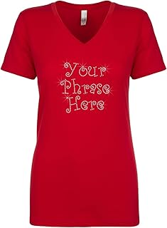 Personalized Rhinestone Gem Bling Womens Tshirt Tee V-Neck Custom Three Lines Red Large