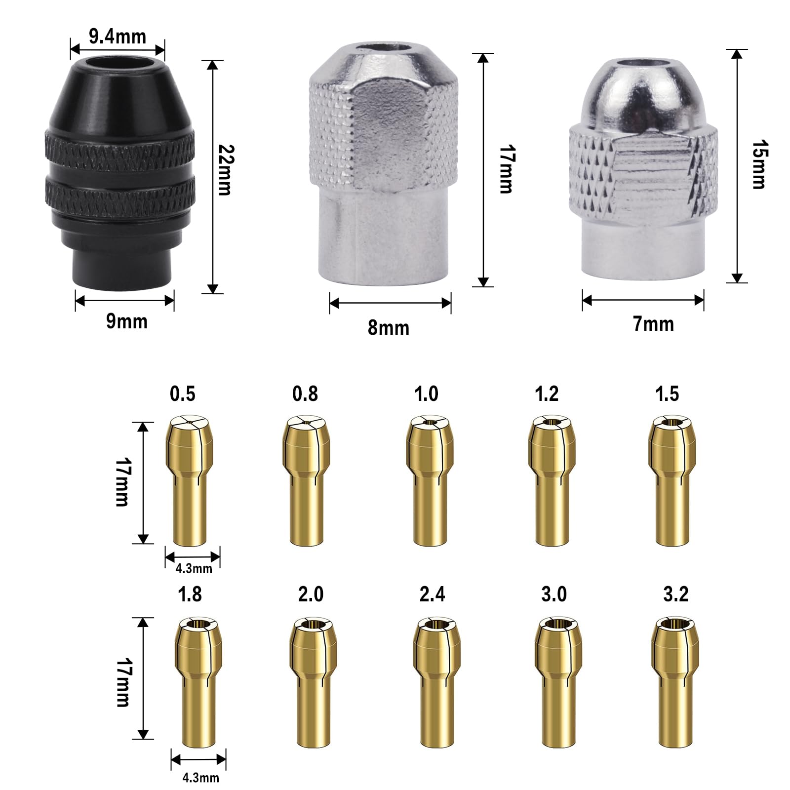 YOUNLEN Lot De 15 Mandrin à Changement Rapide 4486, 4485 Adaptateur D'écrou En Laiton 0.5-3.2mm, Mandrin De Serrage De 1/32" à 1/8" De Rechange, Pour Outils Rotatifs Et Abrasifs électriques