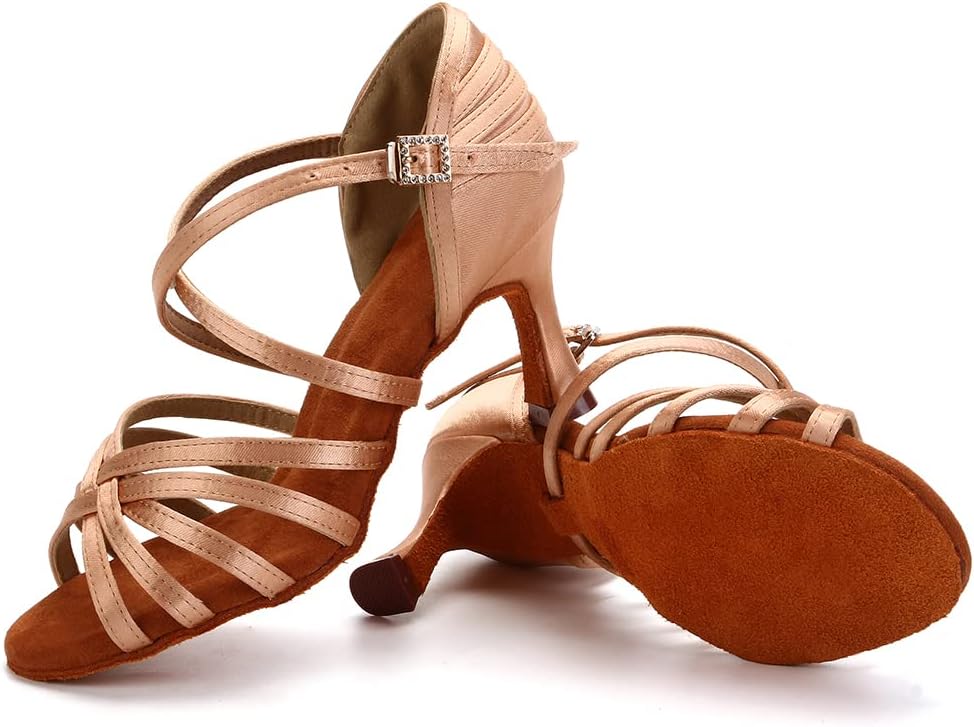 HROYL Women's Satin Latin Salsa Dance Shoes Ballroom Performence Practice Professional Dance Heels Model 2324