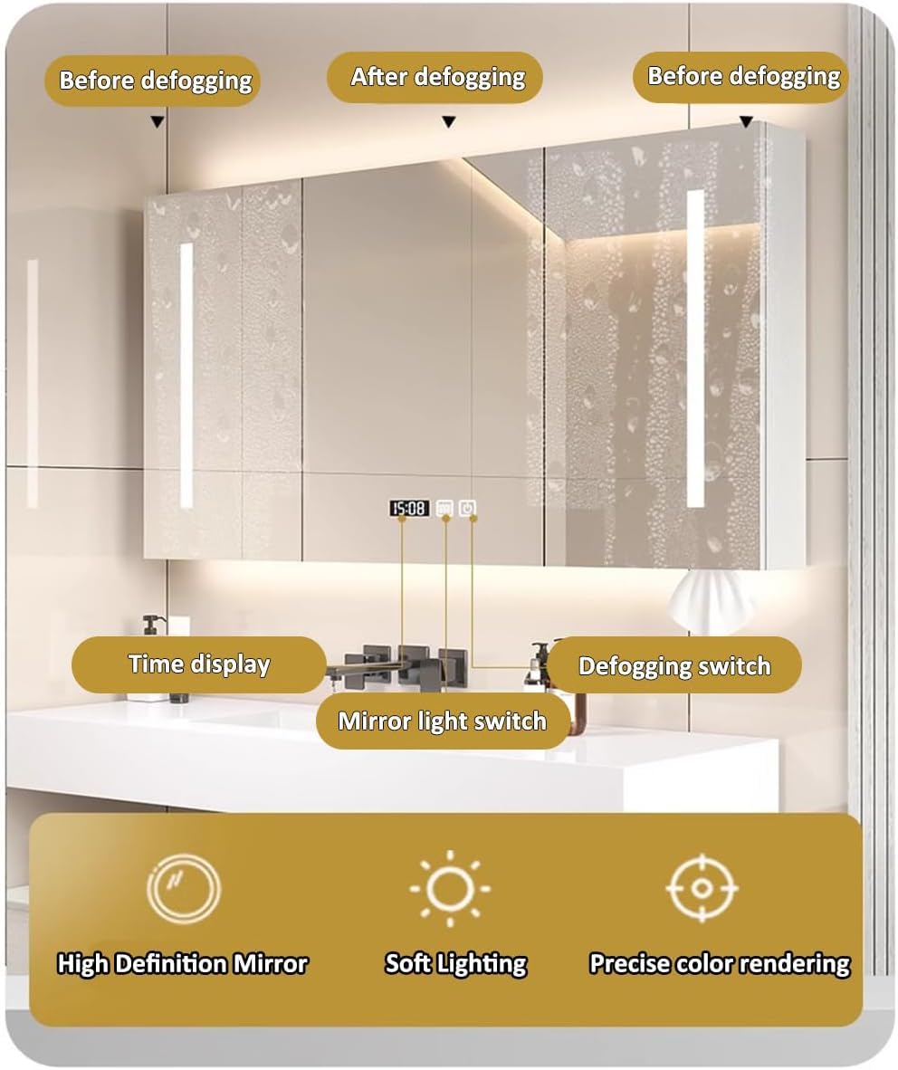 Armadietto da bagno a LED con specchio a 3 ante, anti-appannamento, espositore per orologio, porta asciugamani, design moderno (dimensioni: 80 x 12 x 70 cm) – soluzione di archiviazione elegante e