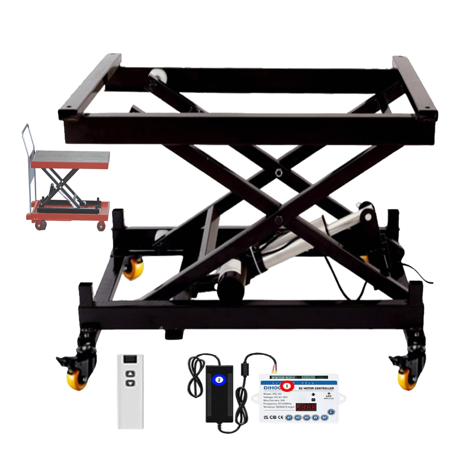 Lève-ciseaux électrique, très résistant, hauteur réglable de 375 à 680 mm, roues omnidirectionnelles, télécommande, capacité de charge de 60 à 200 kg