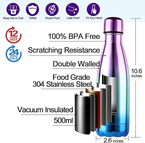 Miniatura 6 de Botella de agua aislada personalizada al vacío, acero inoxidable, 12 horas de calor y 24 horas de frío, 17 onzas, botellas para escuela, oficina y