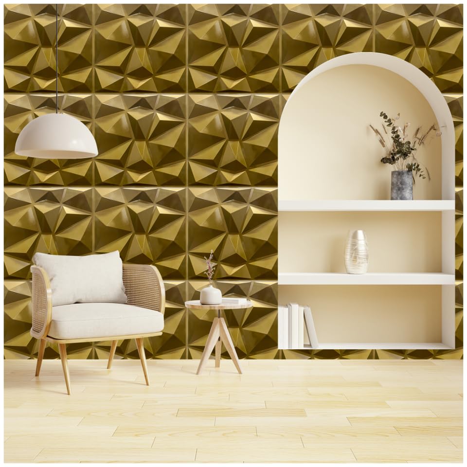Image of Kayra Decor 3D PVC Wall Panel-Metallic Gold Small Diamond (Size 19.7 inch X 19.7 inch Covers 48.42 Sq.Ft.Pack of 18) PVC Panel for Home Kitchen Studio Saloon Living Room Gaming Room and Office Decor