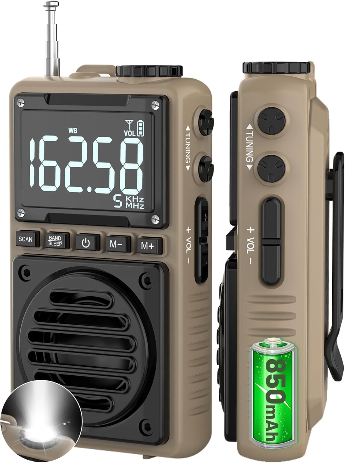 Digital AM FM Weather Band Radio 851mAh Rechargeable Portable Pocket Radio with Best Reception,Flashlight,LCD Screen, Back Clip,Stereo Earphone Jack, SOS Alarm,Sleep Timer for Jogging（Brown）-image-21