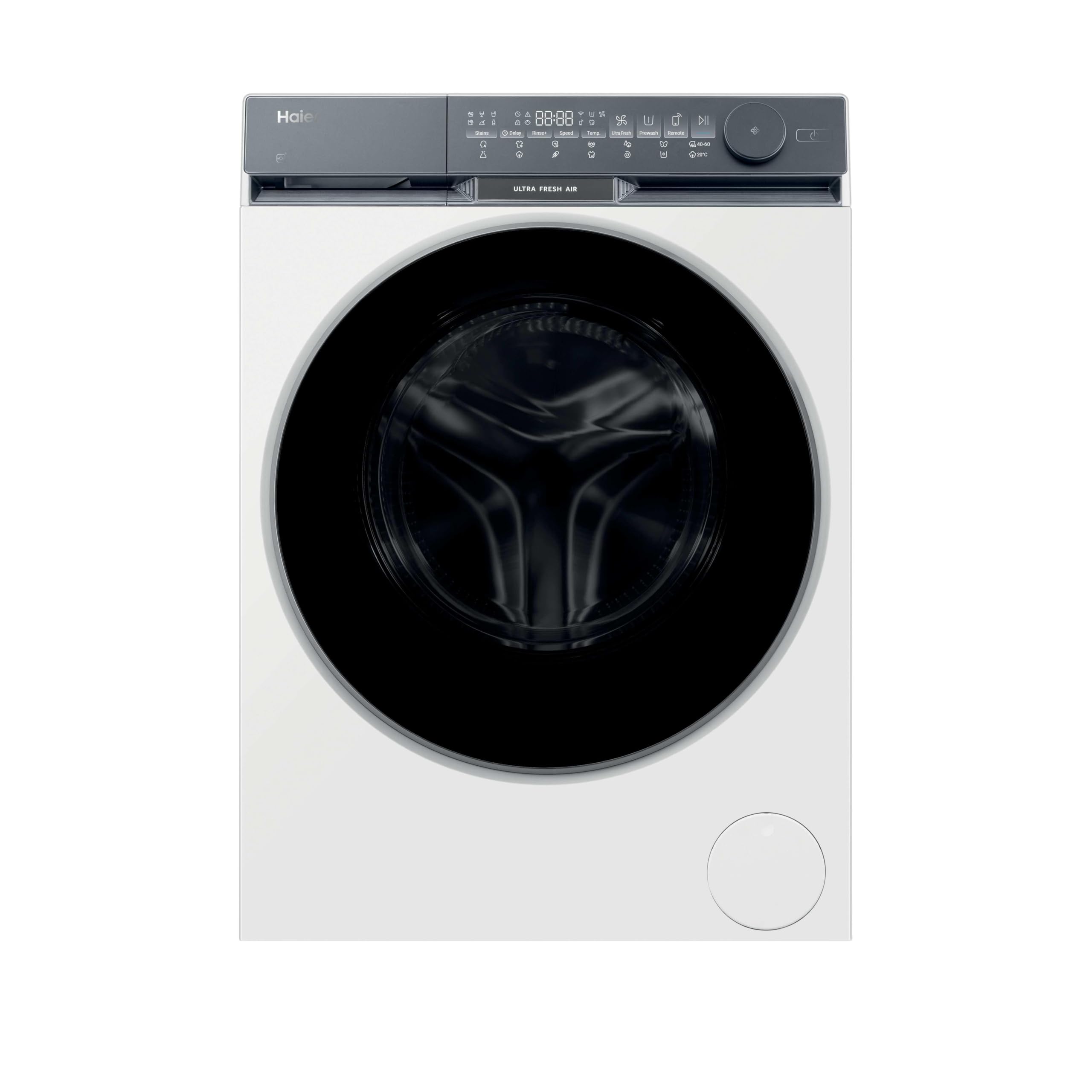 פראָנט view of Haier washing machine with door open and clothes inside