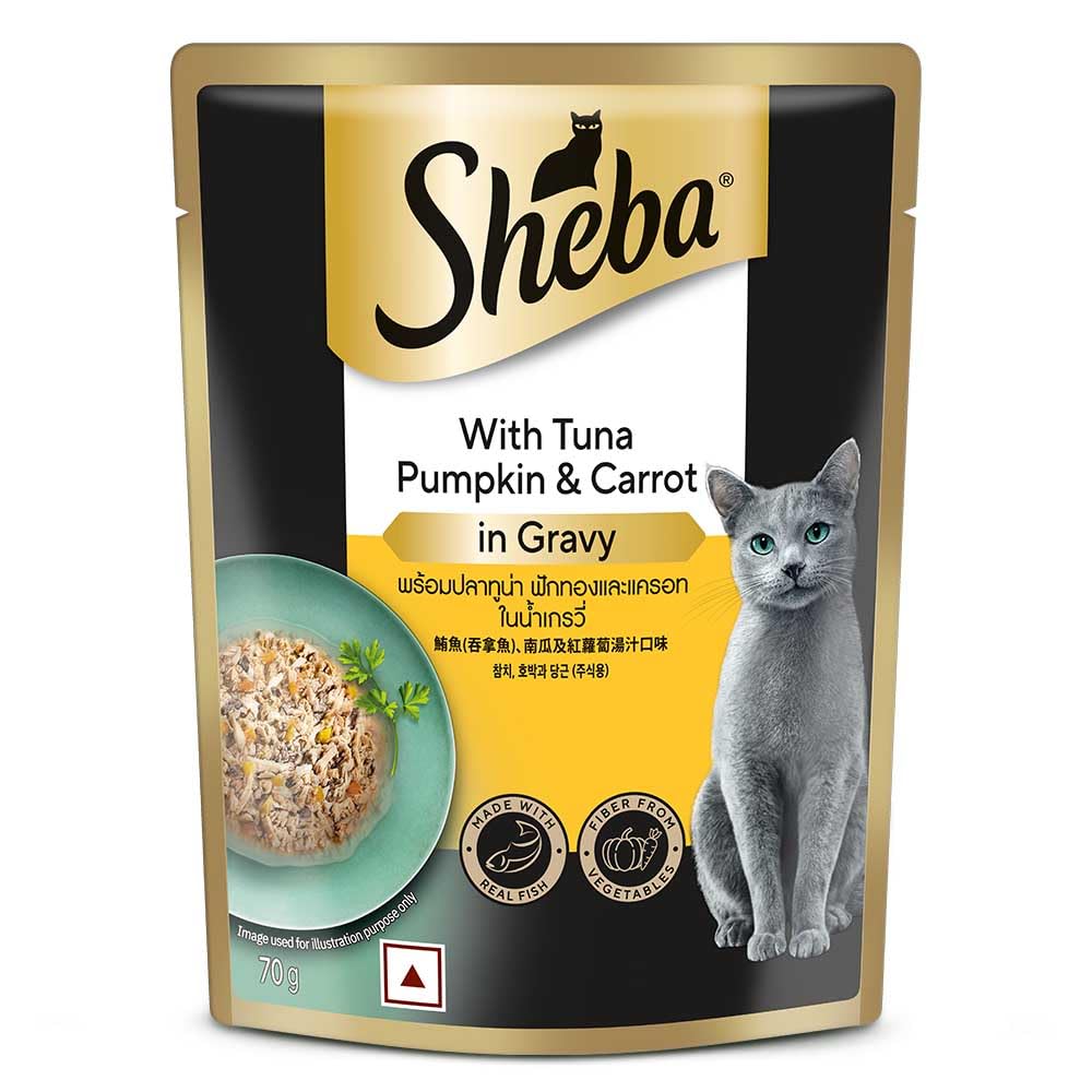 Sheba Fine Premium Adult (1+ Years) Wet Cat Food, Tuna Pumpkin & Carrot in Gravy, 70 g Pouch, High-moisture gravy cat food for healthy hydration