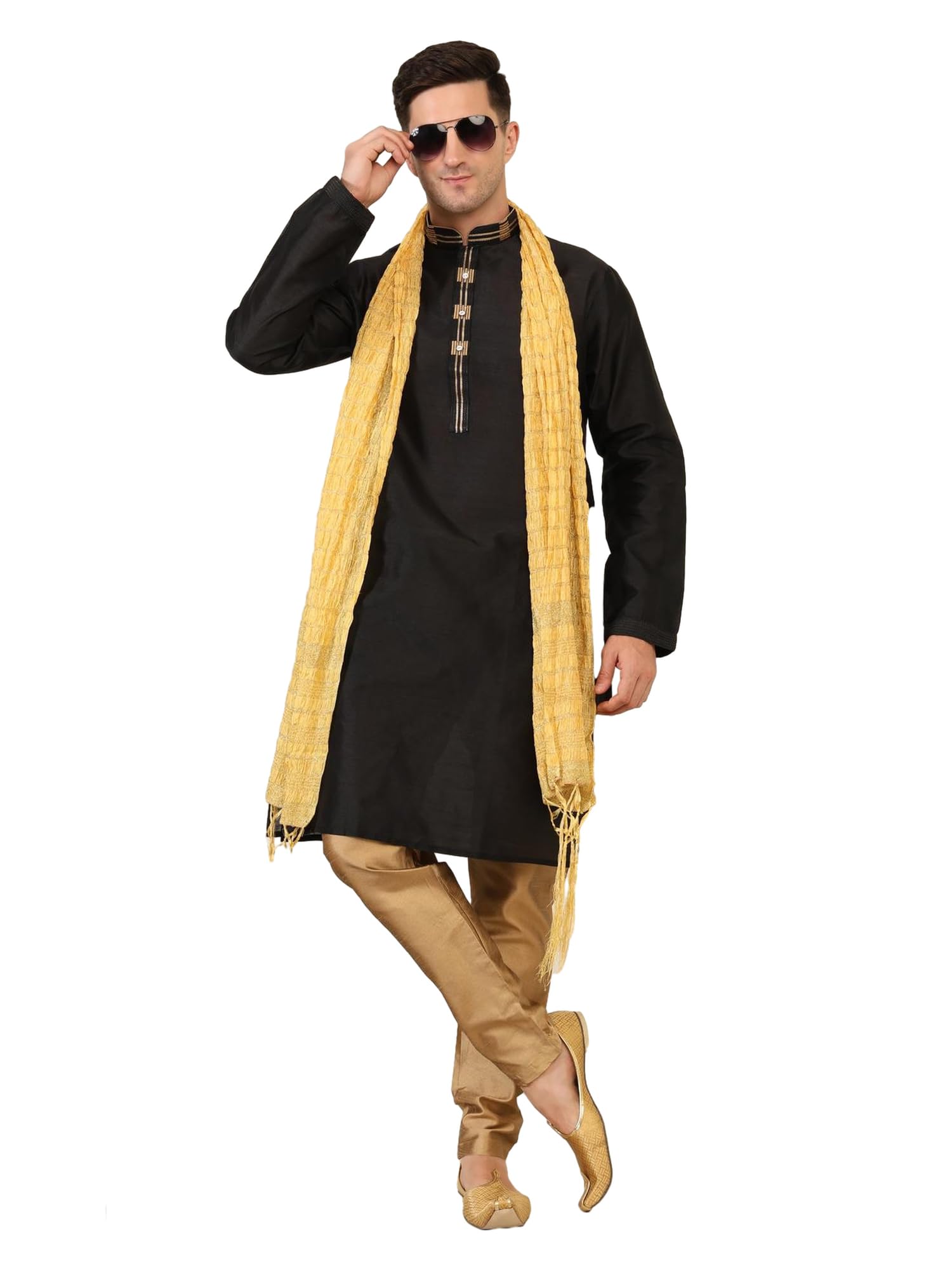 ITOS365 Men's Tunic Art Silk Kurta Pajama and Scarf Suit Set Indian Clothing Wedding Party Dress Gifts Items