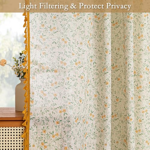 Image of MYSKY HOME Floral Boho Linen Curtains 84 Inch Long 2 Panels Set with Yellow Tassels Farmhouse Vintage Semi Sheer Bohemian Living Room Bedroom Window Curtains Rustic Country Back Tab, 50 inchW, Green Leaf