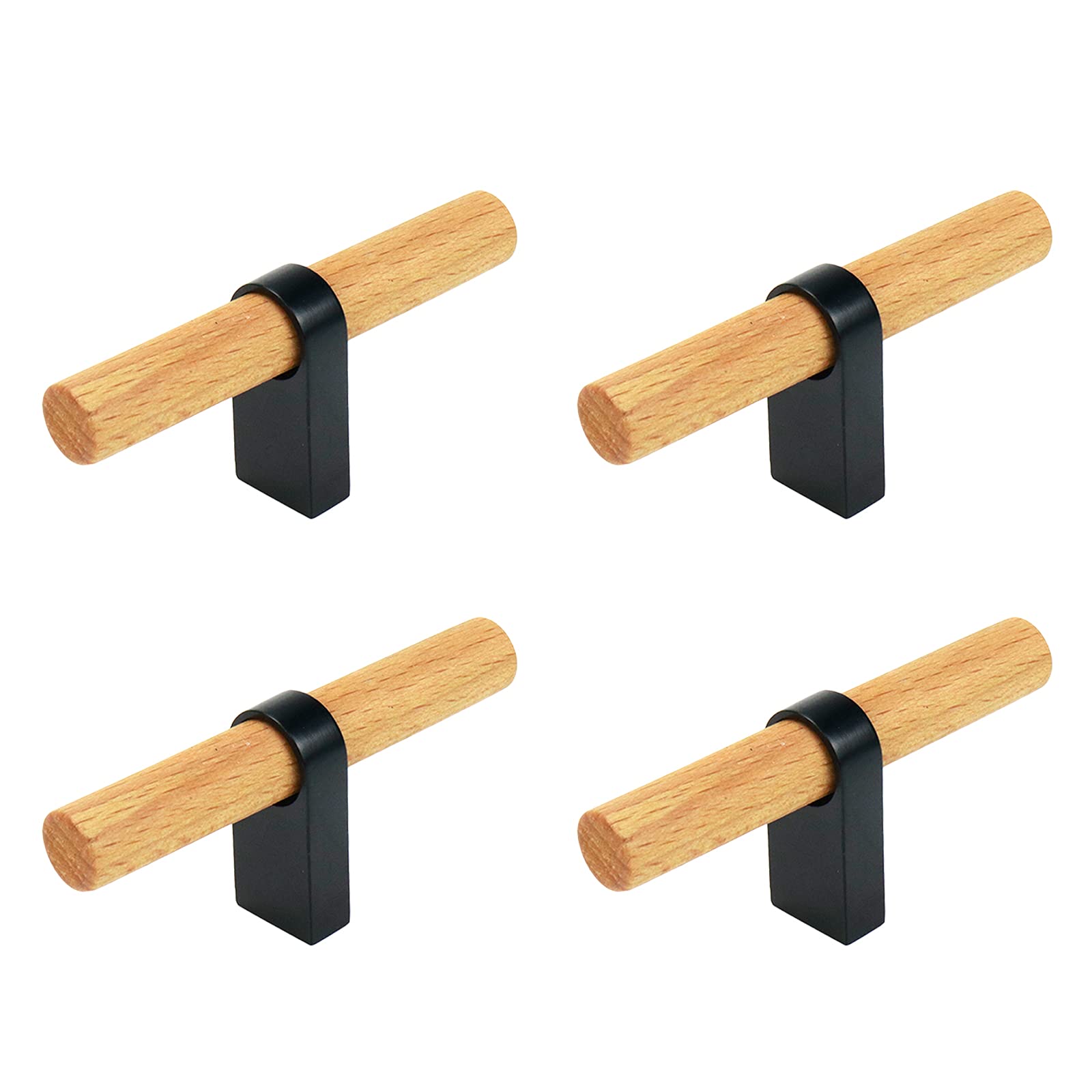 4Pcs Wooden Cabinet T Pulls Handles Drawer Knobs Single Hole Solid Wood Pulls, Black Base