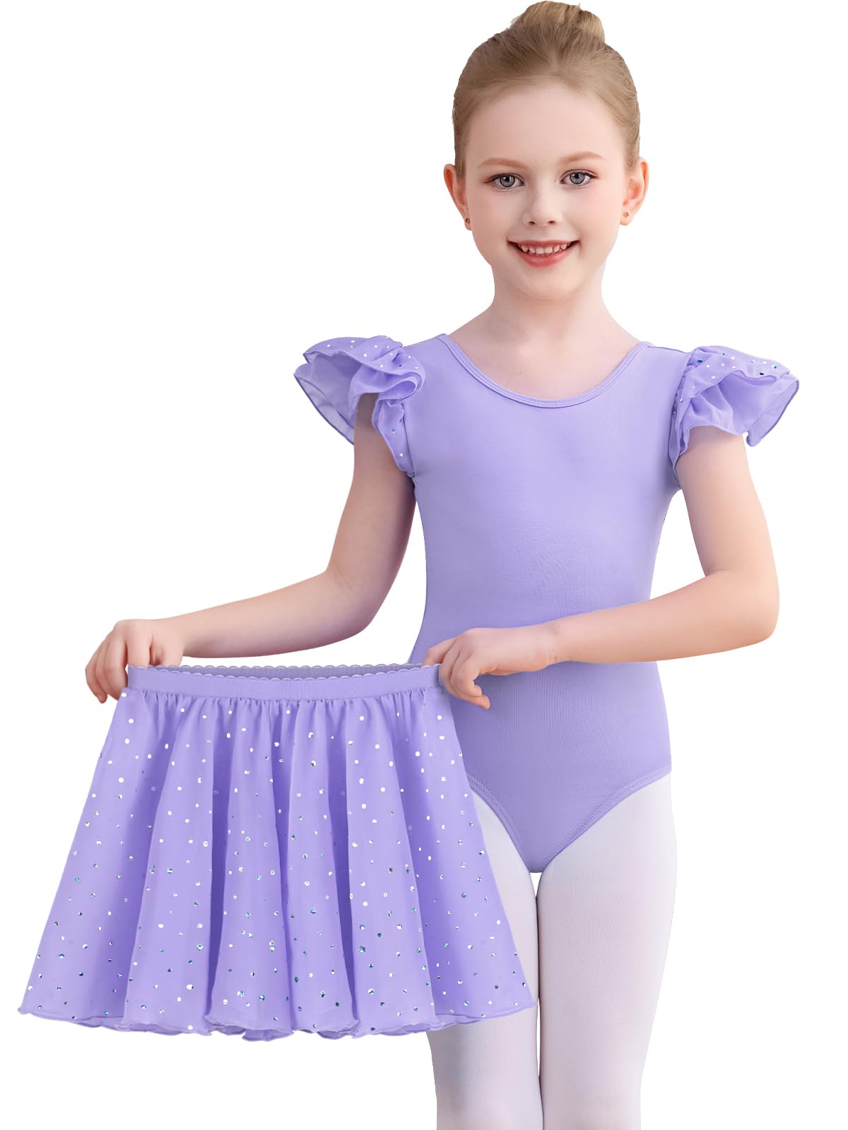 Comfyouth Ballettkleidung Ballettkleid Mädchen Rüschenärmeliger Ballett Turnanzug mit Abnehmbarem Rock Glitzer Ballettanzug für Kinder 2-11 Jahre