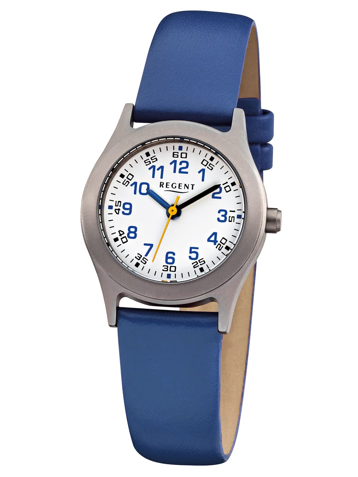 REGENT Junioruhr Kinderuhr für Mädchen oder Jungen mit 26 mm Gehäusedurchmesser und Lederband Quarz Arabische Zahlen Titan