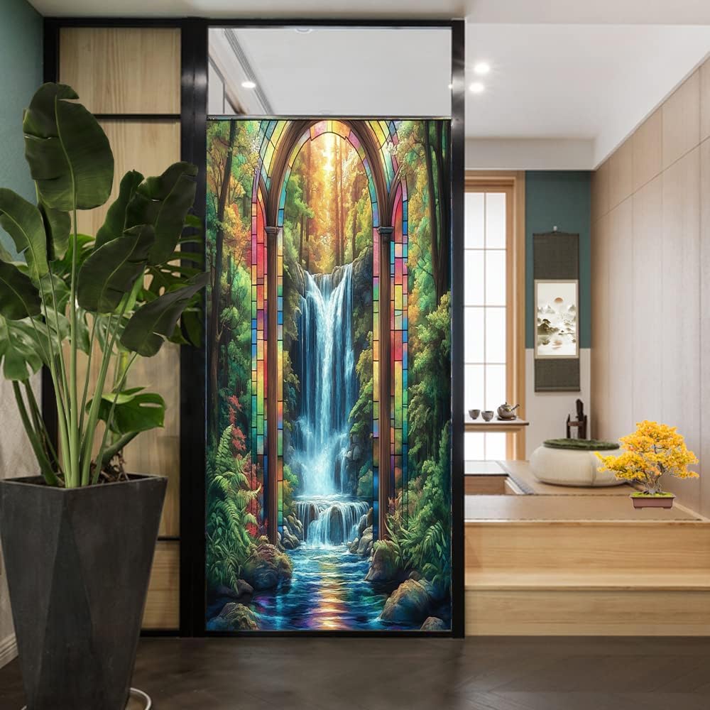 Rustic Waterfall Frosted Stained Glass Window Film - Colorful Forest Sun River Landscape Decorative Peel and Stick Adhesive Vinyl for Bathroom Privacy, Bedroom Home Decor, 35.4Wx63L inch