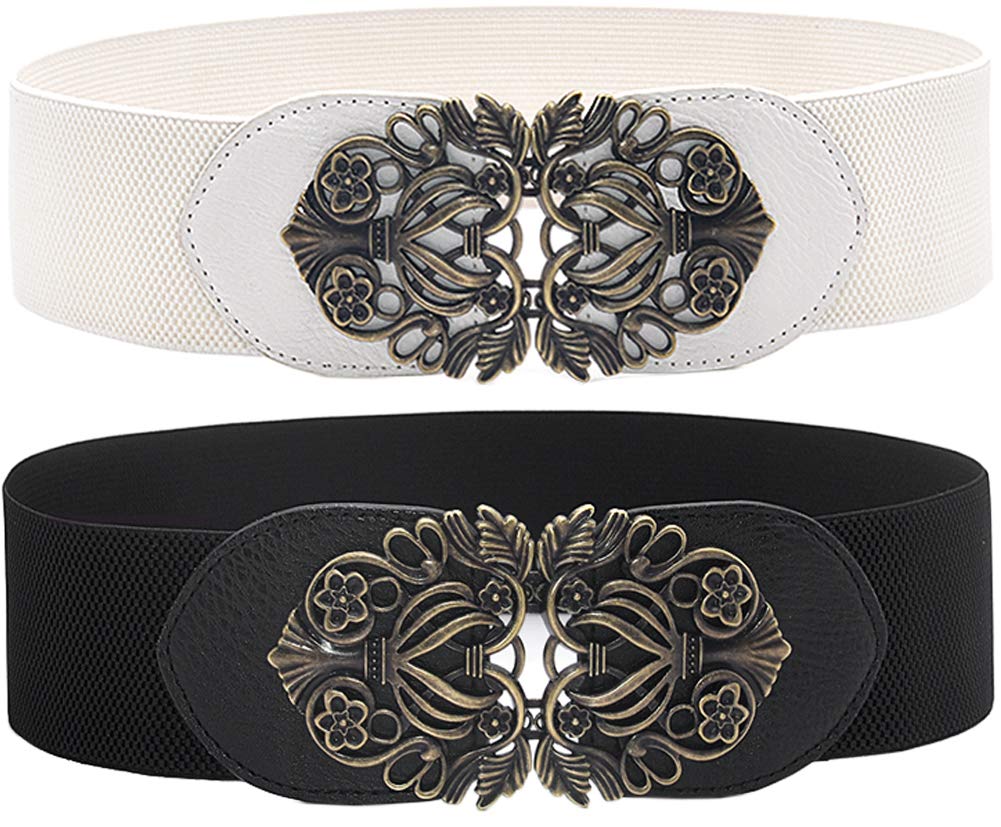 ALAIX 2 Pack Women's Belt Dress Belts for Women Vintage Flower Buckle Wide Stretchy Waist Belt Elastic Waistband