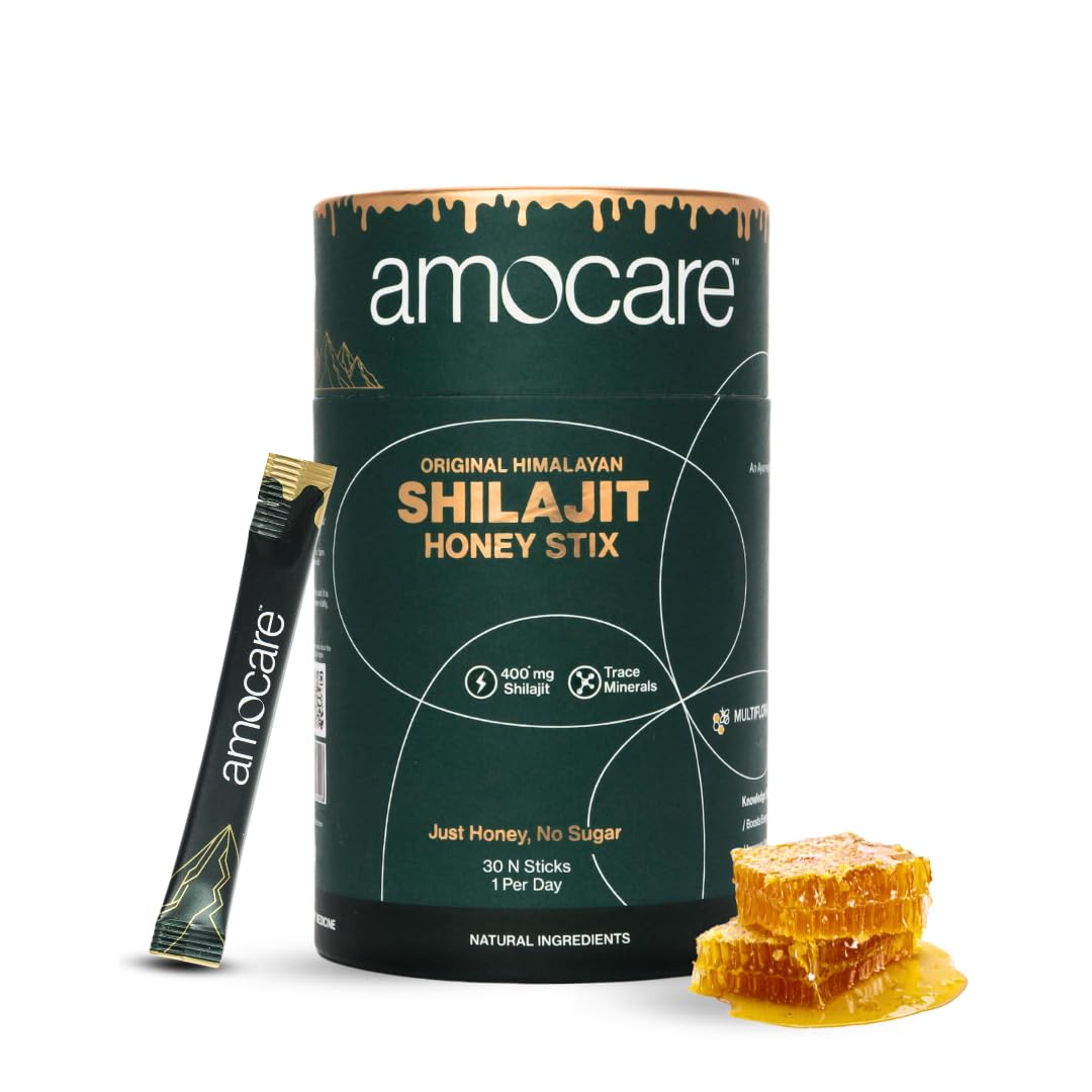 Amocare Original Himalayan Shilajit Honey Sticks with Saffron - 30 Count | 75%+ Fulvic Acid & 80+ Trace Minerals | Natural Immunity, Energy, Stamina Booster | Sugar-Free, Easy Single-Use Packets