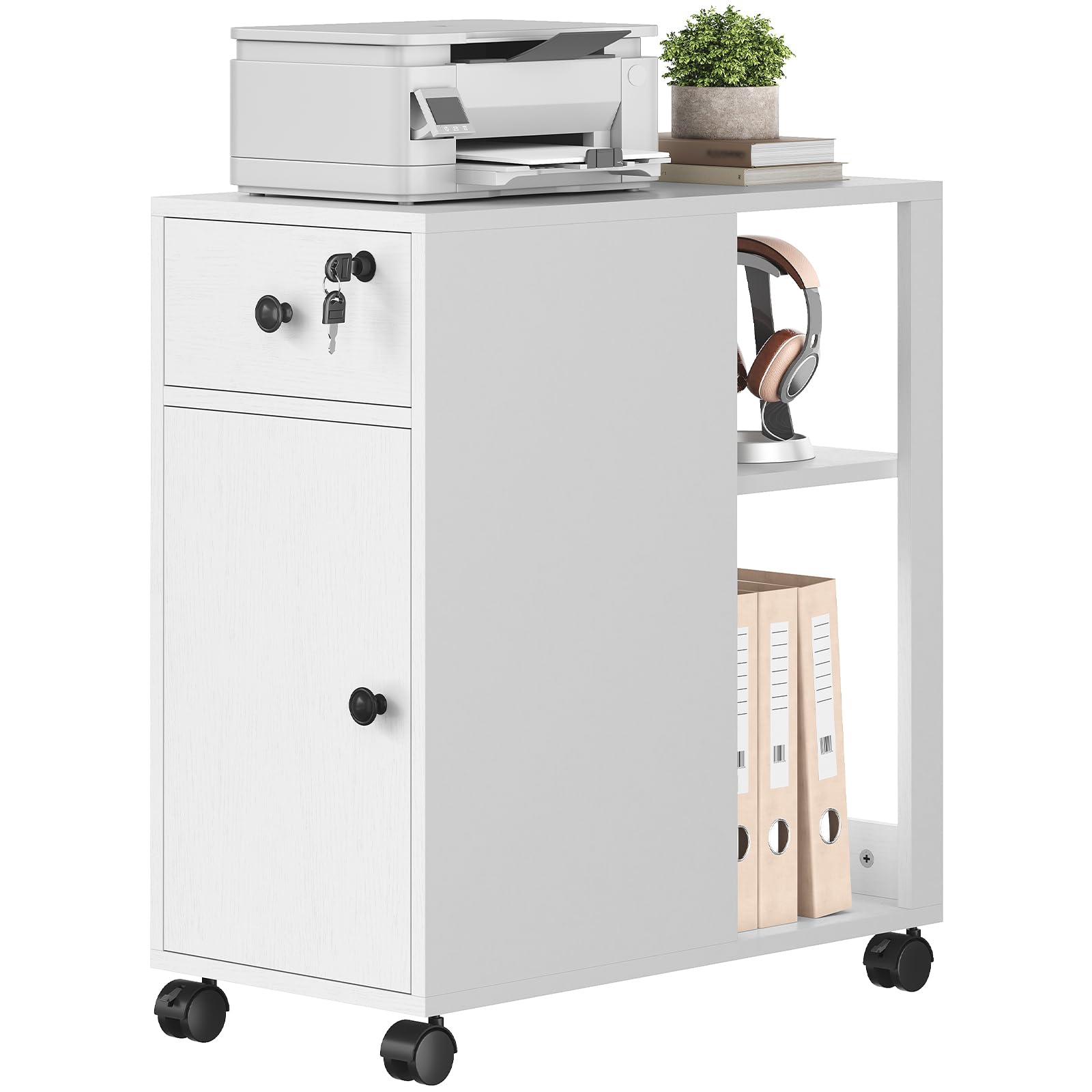 HOOBRO Rollcontainer mit Schublade, mobiler Aktenschrank mit Schloss, Schreibtisch Unterschrank, Büroschrank mit offenen Regalen, Bürocontainer, für Wohnzimmer, Schlafzimmer, Arbeitszimmer EWB28WJ01