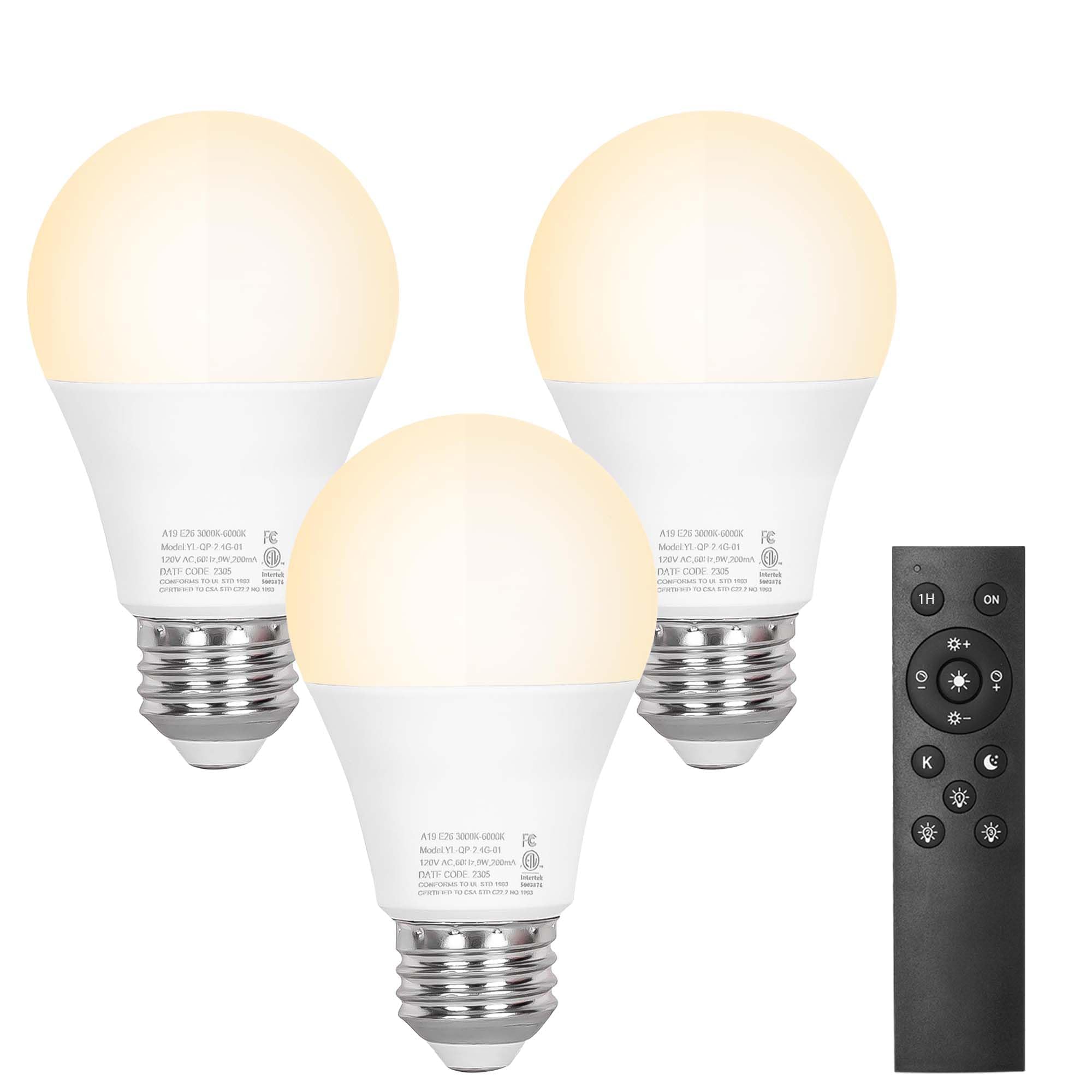 3 Pcs A19 LED Bulbs with 1 Remote Control, 9W LED Bulbs, E26 Base, 805 LM, Dimmable LED Bulb for Floor Lamps, Pendant Lamps, Table Lamps (3)