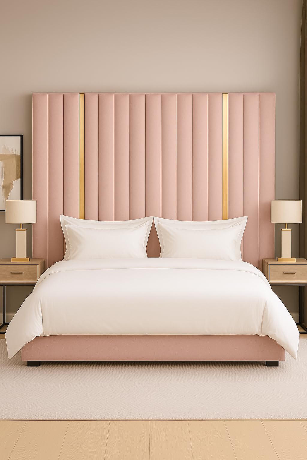 Spring Well Extra Tall Wall Mounted Upholstered Headboard,Clarance Plush Velvet Panelled Design with Gold Trim, Single, Double, King & Super King Sizes (Pink, 3ft Single-127cmTall)