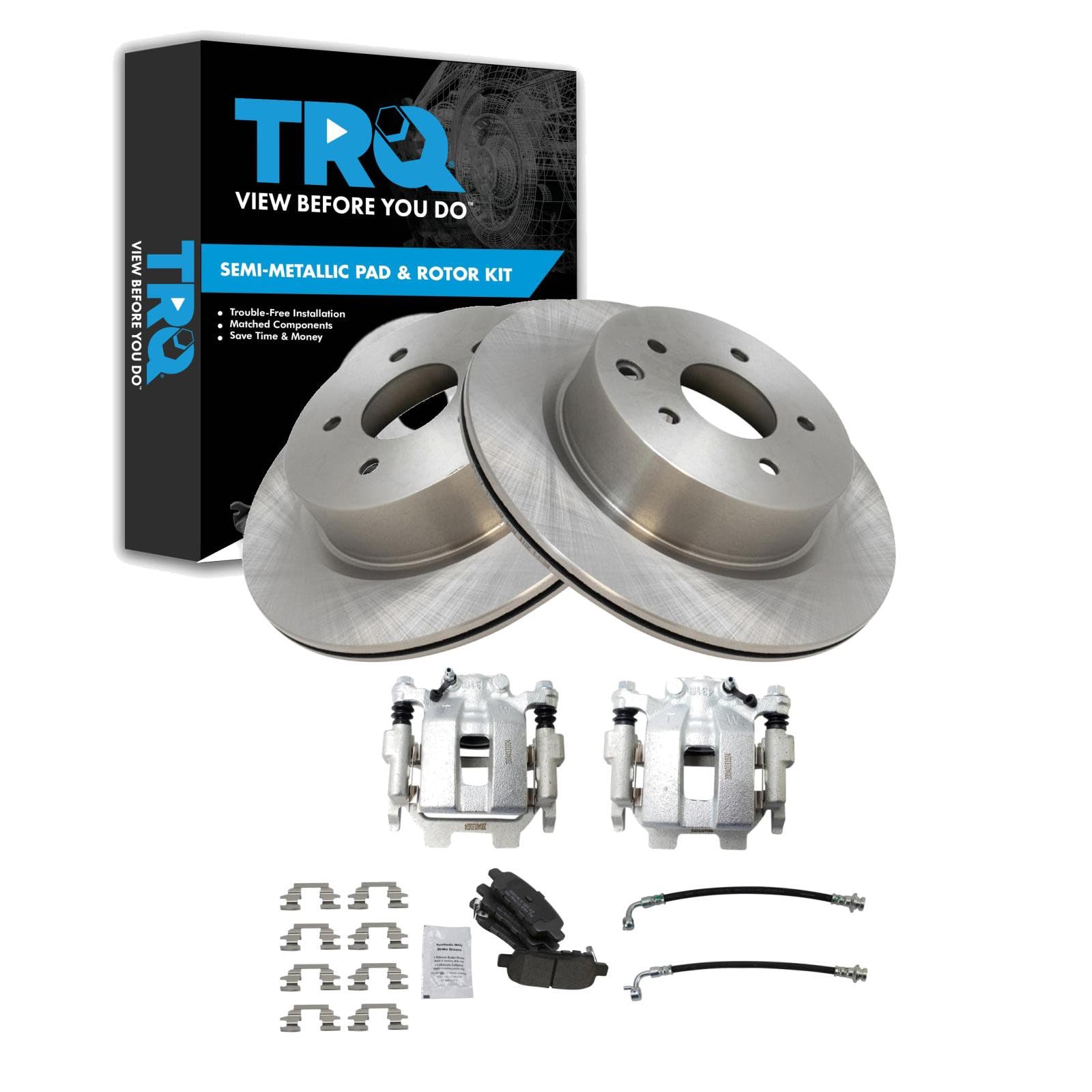 TRQ Rear Brake Pad and Rotor Set Semi Metallic Calipers Compatible with 2011-2012 Infiniti G25 G37 2015 Q40