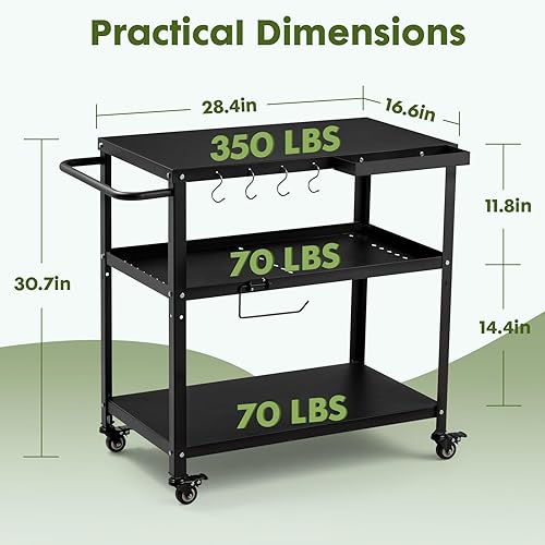 Miniatura 6 de Mesa de carrito de parrilla para exteriores, mesa de horno de pizza para interiores y exteriores, con 4 ruedas móviles de bloqueo total, ganchos,