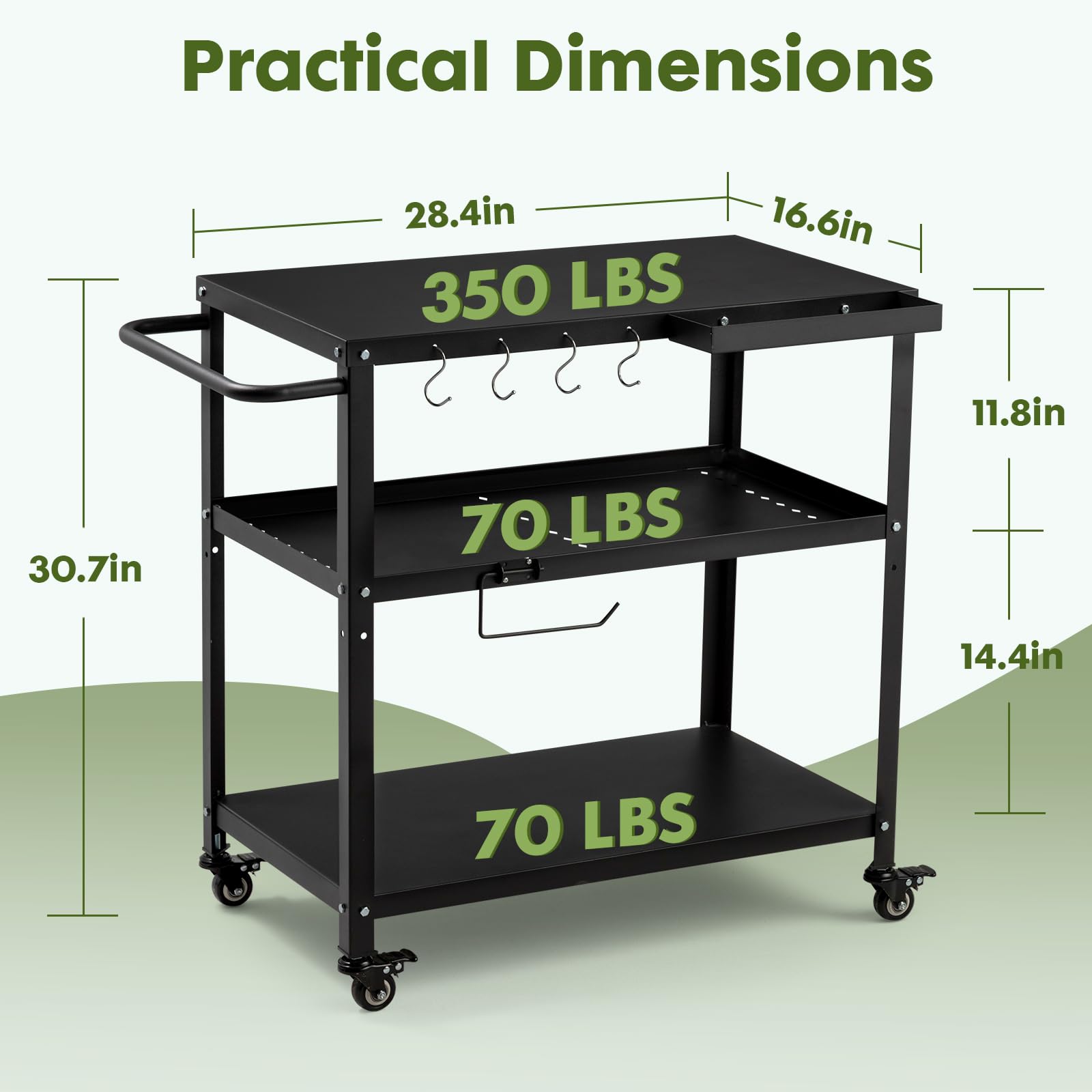 Mesa de carrito de parrilla para exteriores, mesa de horno de pizza para interiores y exteriores, con 4 ruedas móviles de bloqueo total, ganchos, mango lateral multifuncional (negro) 6