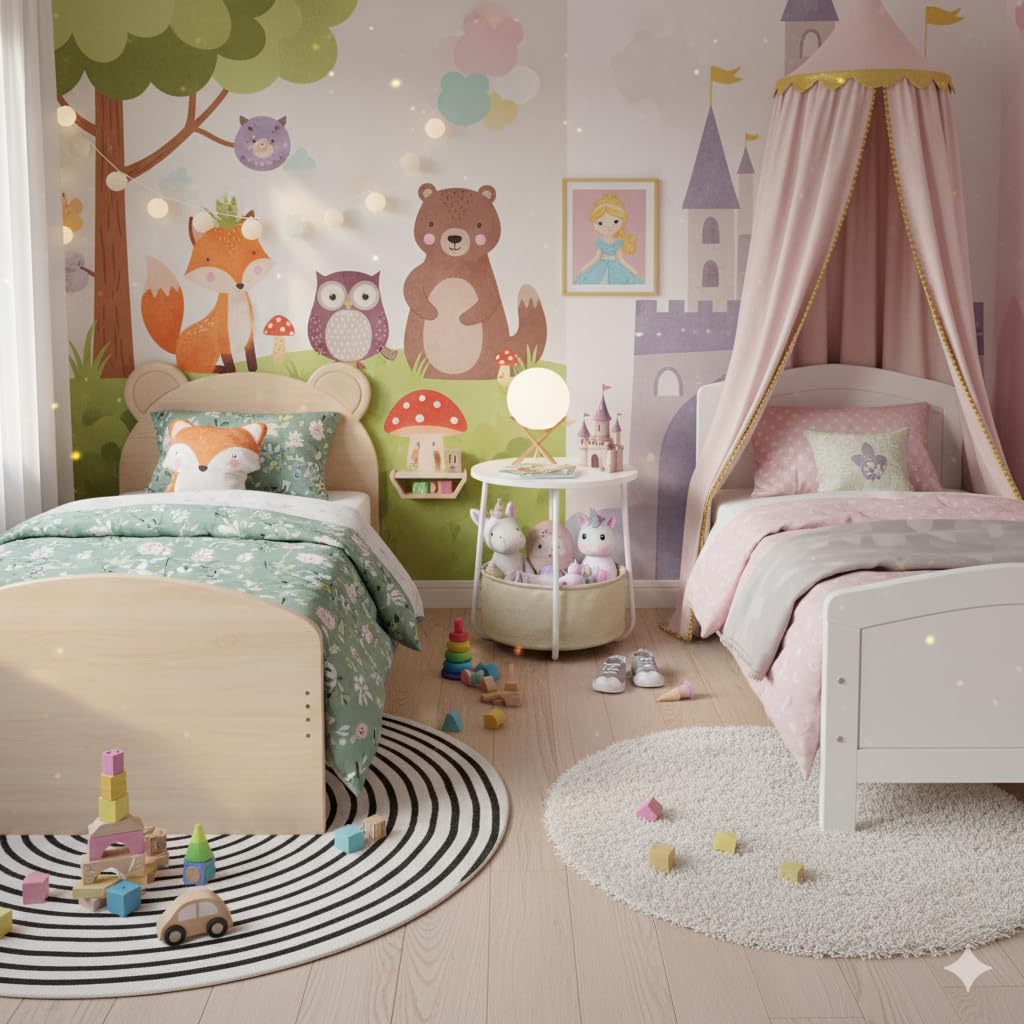 HOMYLIN Modern Kids Bedside Table with Fabric Storage Basket, Round Nightstand for Bedroom, Toy Organizer End Table for Children, White