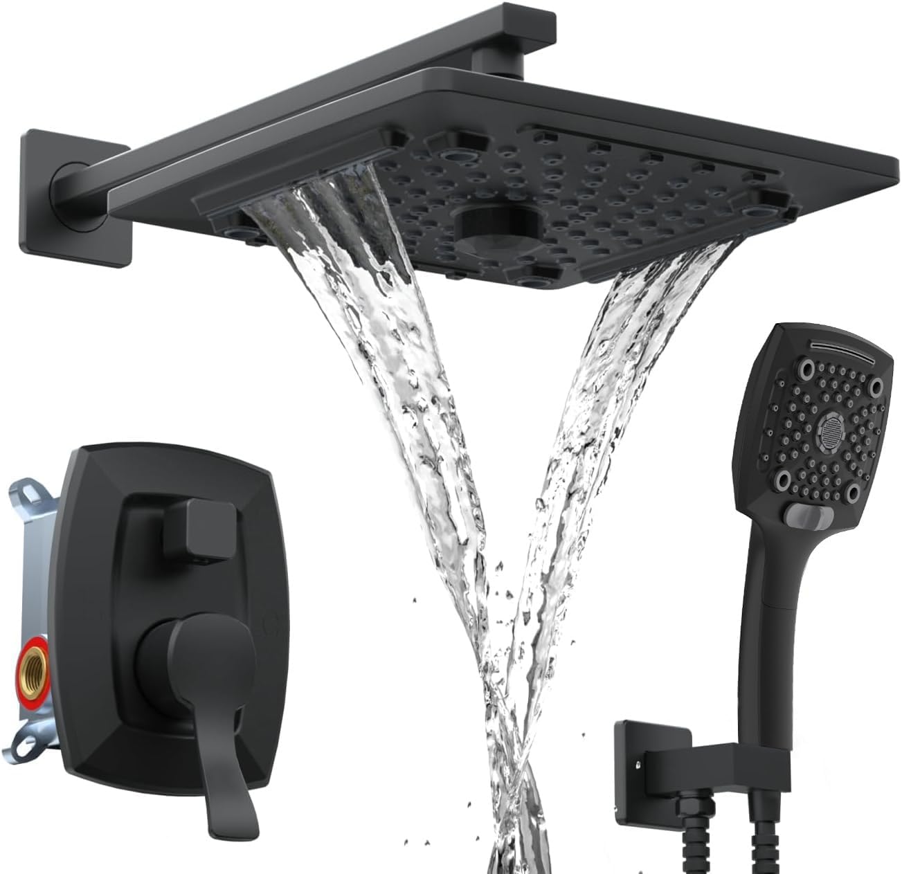 ELLO&ALLO Matte Black Bathroom Shower Faucet Set with Valve, Rainfall Shower Head with Handheld Combo