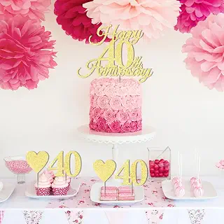 7個 ゴールデン グリッター Happy 40th Anniversary ケーキトッパー - ウェディング&カンパニーアニバーサリーパーティーデコレーション、40歳の誕生日パーティーデコレーション用品