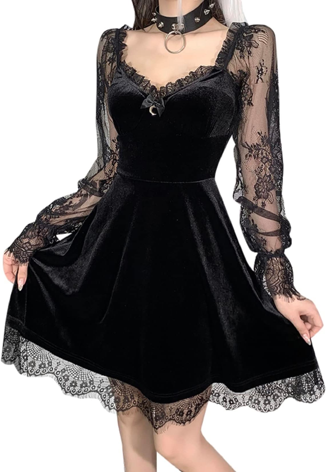Women Gothic Velvet Dress - Flared Lace Long Sleeve Midi Dresses - Lolita Fairy Grunge Harajuku Dress Alt Clothes