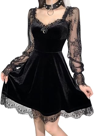 TSMNZMU Women Gothic Velvet Dress - Flared Lace Long Sleeve Midi Dresses - Lolita Fairy Grunge Harajuku Dress Alt Clothes