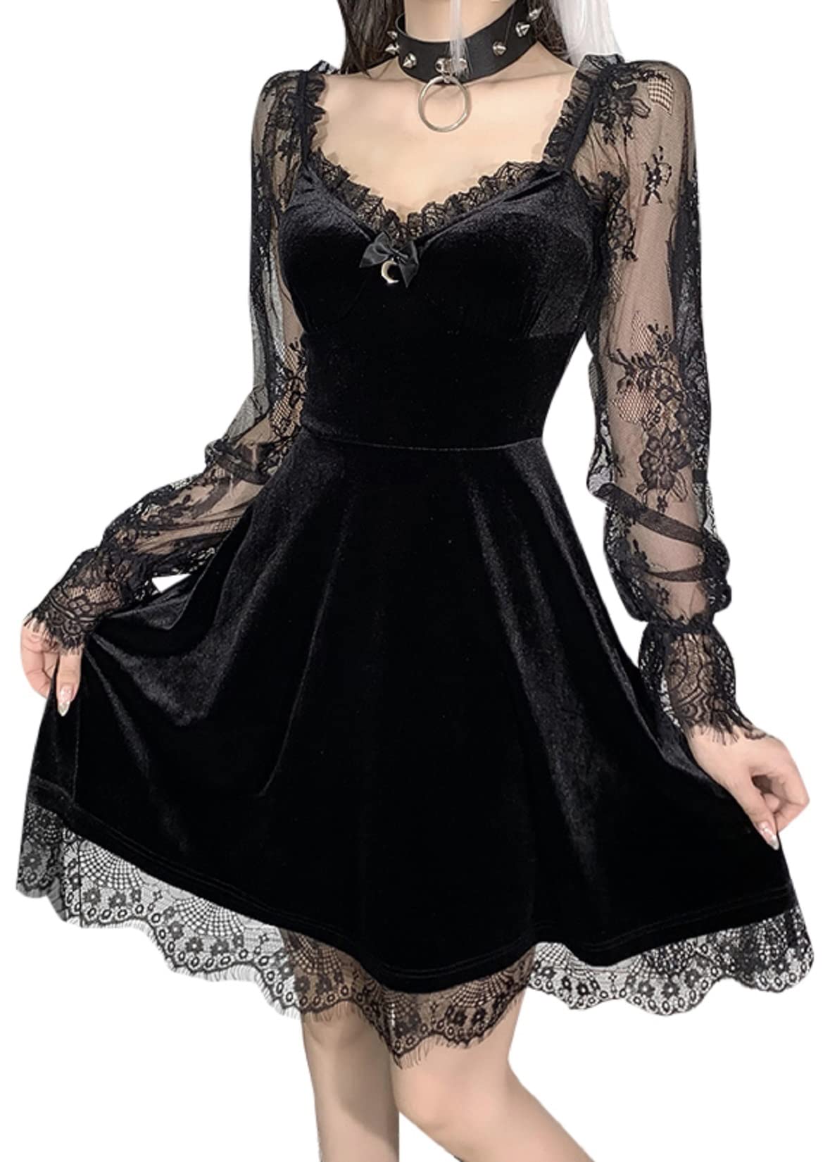 Womens Goth Witchy Dress Velvet Moon Fairy Lolita Dresses Long Sleeve Gothic Alt Dress Punk Grunge Emo Dress