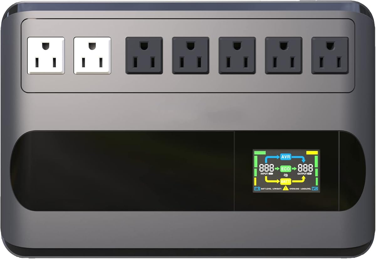 UPS 1000VA 500W Uninterruptible Power Supply Offline Back UPS Intelligent LCD Battery Backup and Surge Protector Battery Backup for Computer GF1000