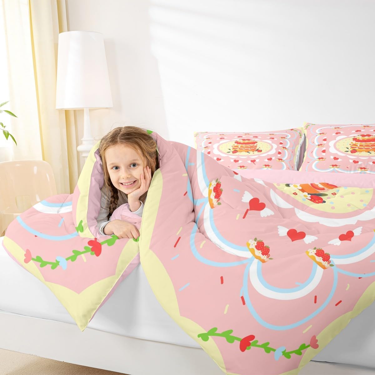 Strawberry Cake Comforter Set King Size,Dessert Cake Bedding Sets 3Pcs for Kids Girls Boys Women Room Decor,Cute Love Bow Print Quilted Duvet Kawaii Pink Down Comforter,2 Pillowcases