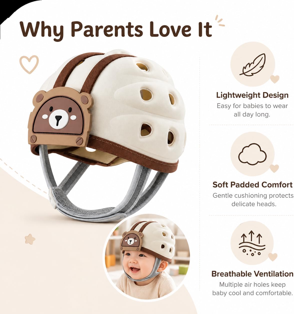 Baby Head Protection Helmet - Ultra-Light, Soft, Adjustable, Suitable for Babies 6-24 Months with Knee Pads & Non-Slip Socks Set