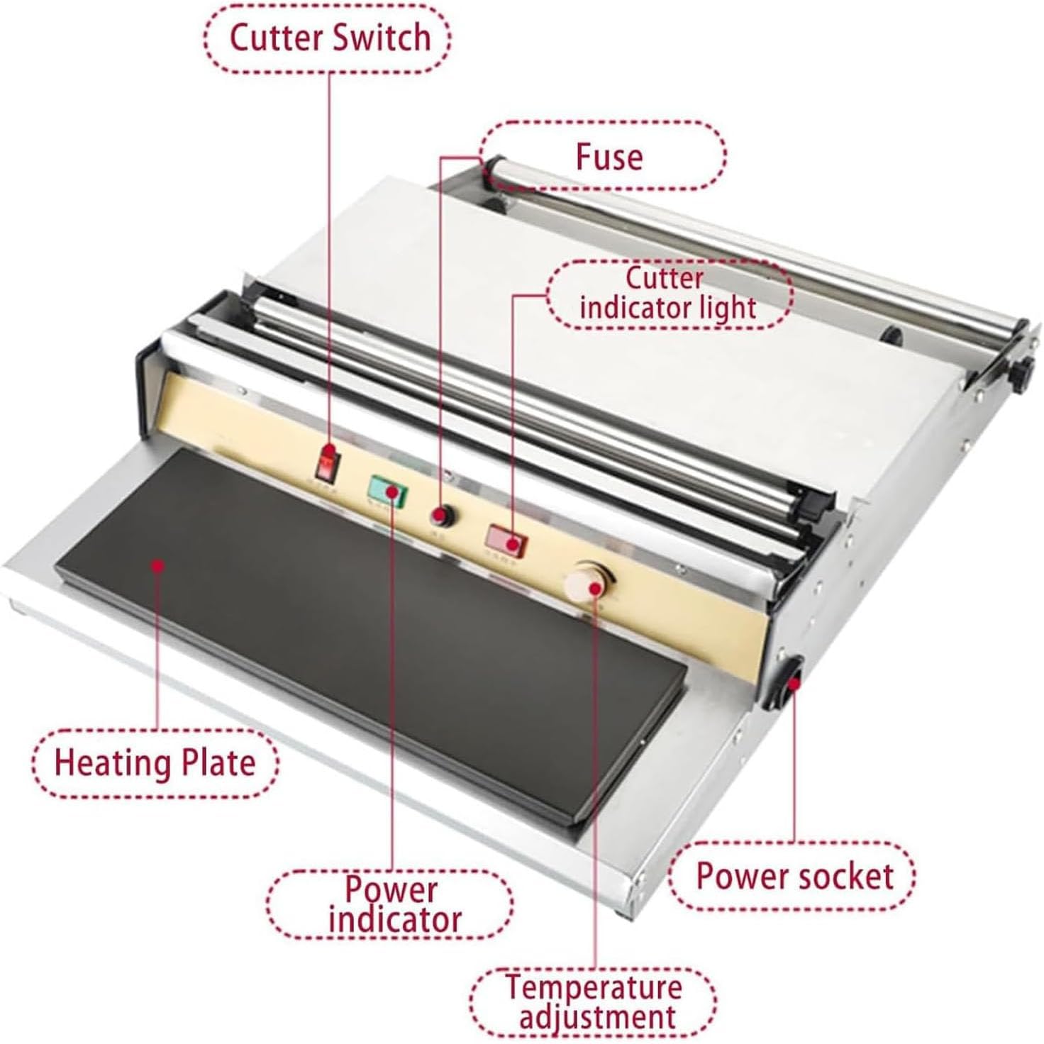 Sellador eléctrico de película adhesiva, máquina de envolver comercial con placa de calefacción y rodillos de acero inoxidable, ajustes ajustables para película de 450 mm de ancho