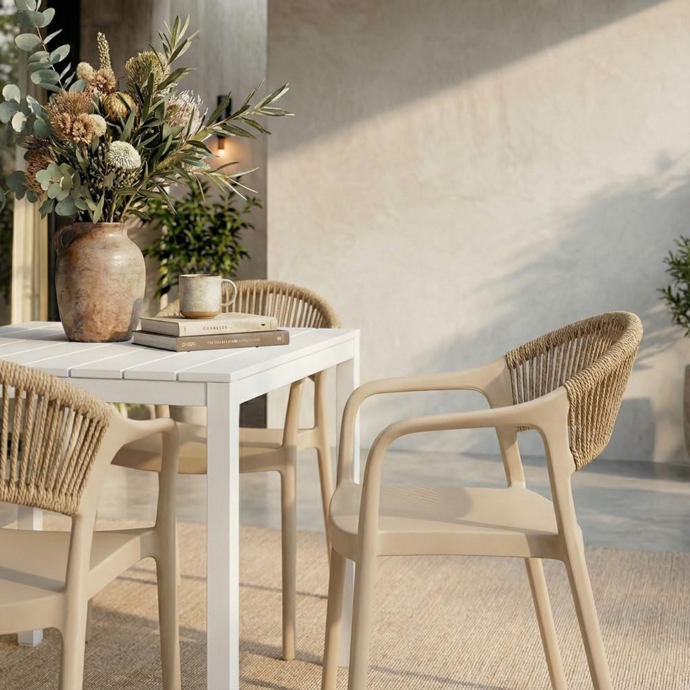 SIEDITI FUORI E DENTRO Sedie impilabili in polipropilene con fibra di vetro per esterno/giardino con schienale in corda, idrorepellenti e resistenti, design moderno - Jolanda (6, Crema)