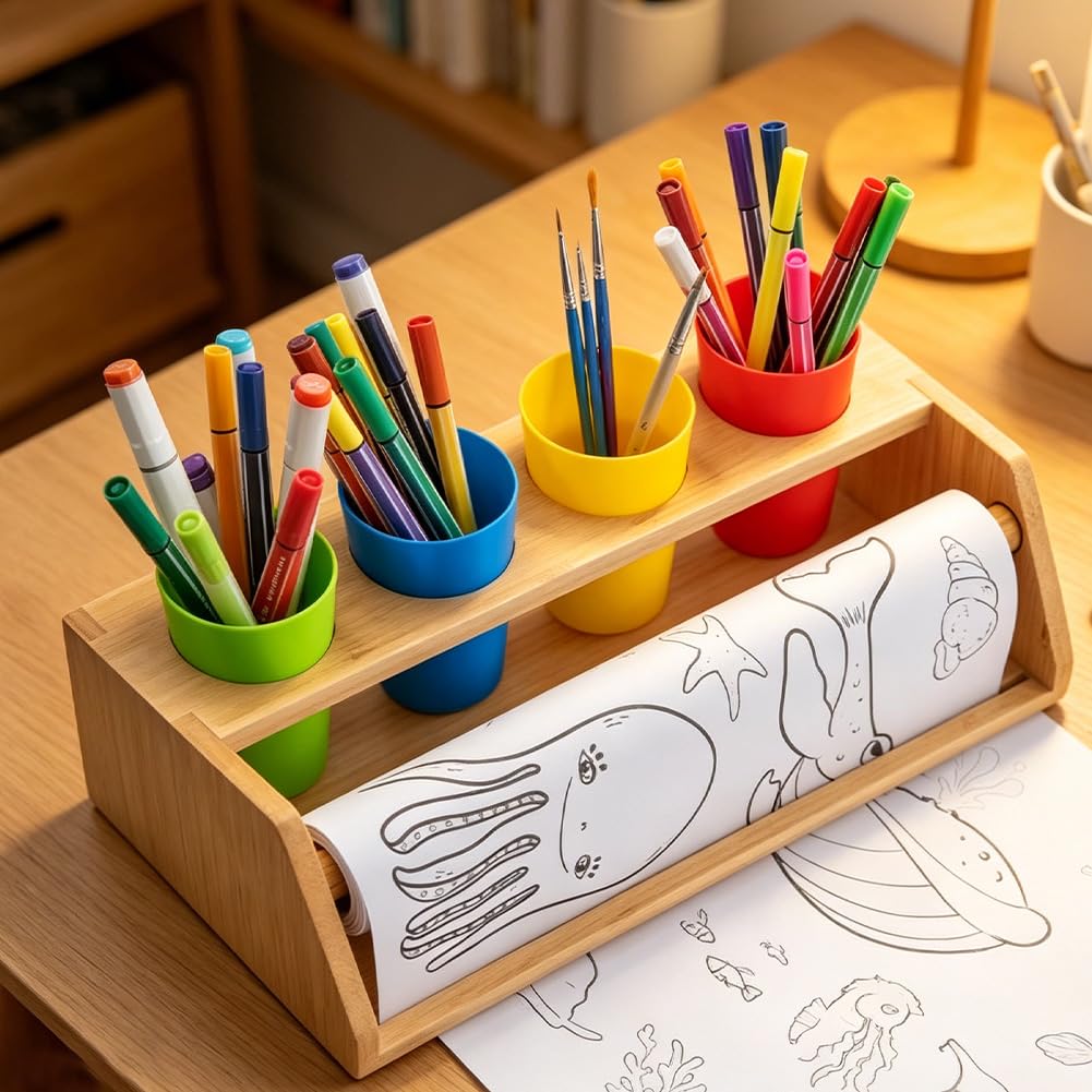 Tisch Malpapier Kinder Maltischdecke mit Bambus-Halter & ungiftigen Farben – Rutschfeste Staffelei – 35-teiliges Kreativ-Set inkl. 12 Stiften, Pinseln, Sicherheits-Papierschneider & Papierrolle