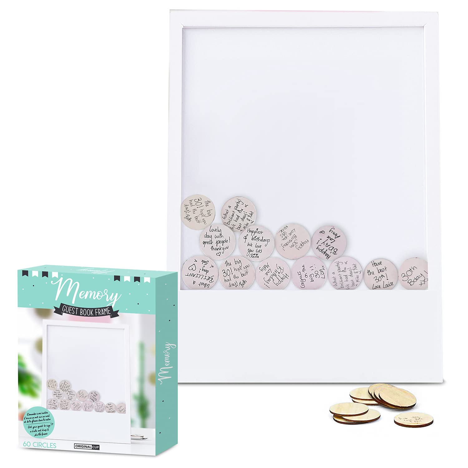 Marco de Madera para Recuerdos | Libro de Visitas | Boda | Cumpleaños | Evento | Viaje | Regalo | Decoración | 60 Anillos de Madera para sus Mensajes | 42x32cm | OriginalCup®