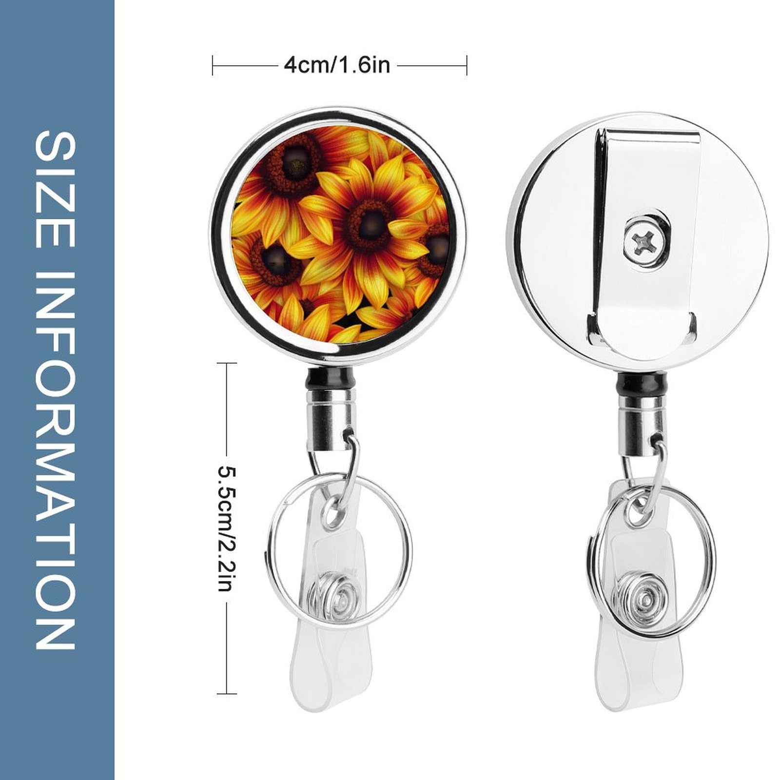Sunflowers Floral Retractable Badge Holder Metal ID Name Holder Key Ring with Belt Clip