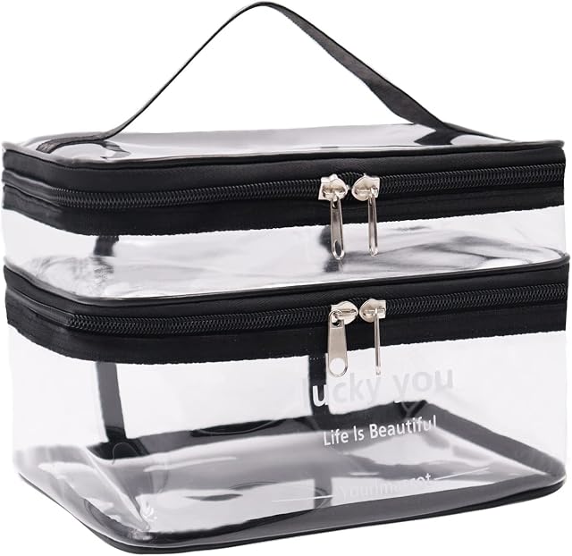 Clear Toiletries Bag, Large Cosmetic Bag PVC Travel Makeup Bag Wash Bag Large Clear Makeup Bag Double Layer Travel Cosmetic Cases for Women and Girls