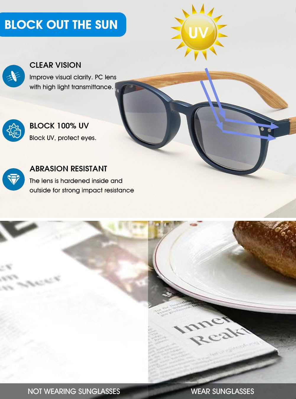 VEVESMUNDO Sonnenlesebrille Blaulichtfilter Holz Getönt Lesebrille Damen Herren Sehhilfe Holzsonnenbrillen mit sehstärke +1.0,+1.5,+2.0,+2.5,+3.0,+3.5,+4.0