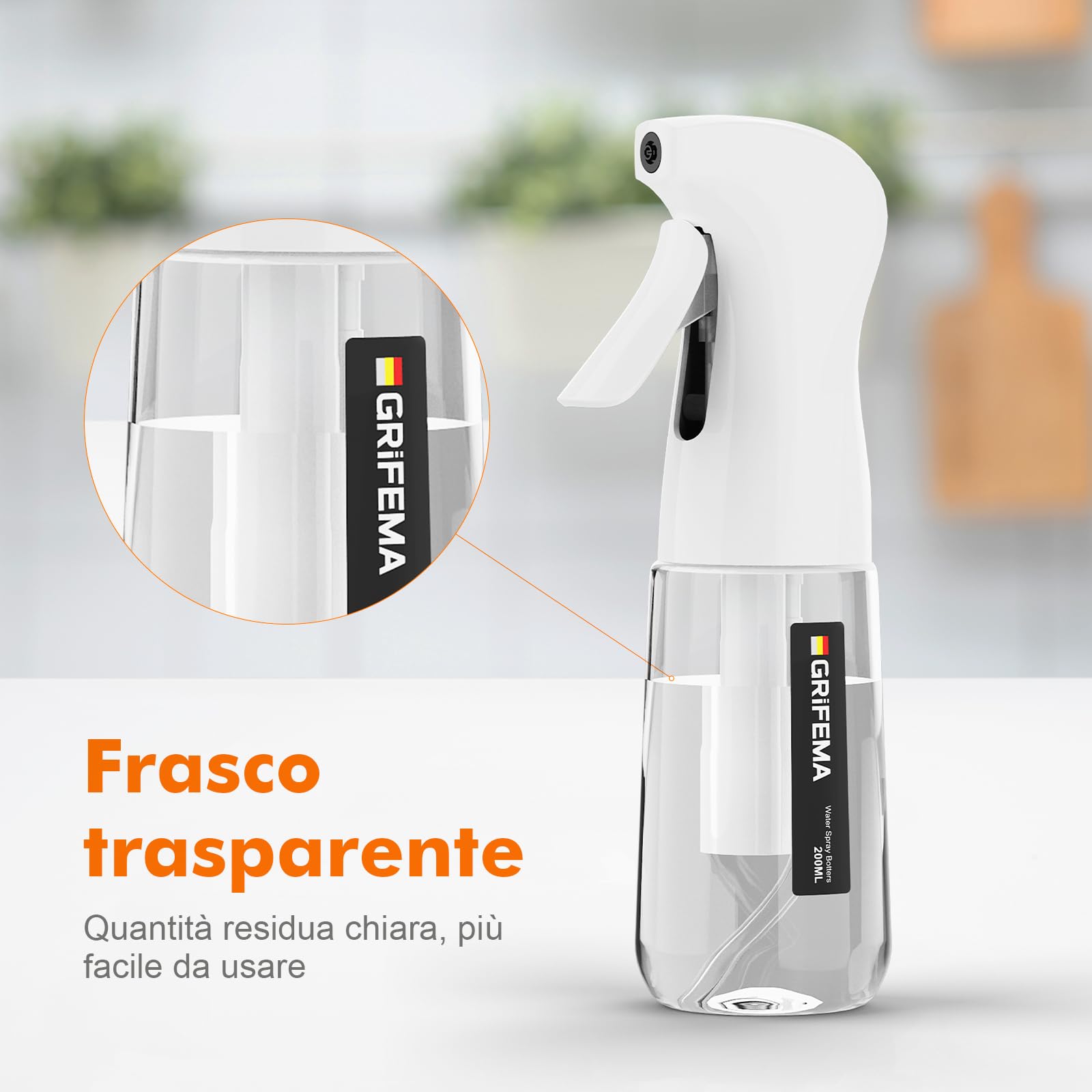 GRIFEMA Spruzzatore Bianco 200 ml – Flacone Spray Riutilizzabile a Nebbia Fine e Uniforme, Design Antigoccia per Capelli, Piante, Viso e Pulizia Domestica, GE2003W-200
