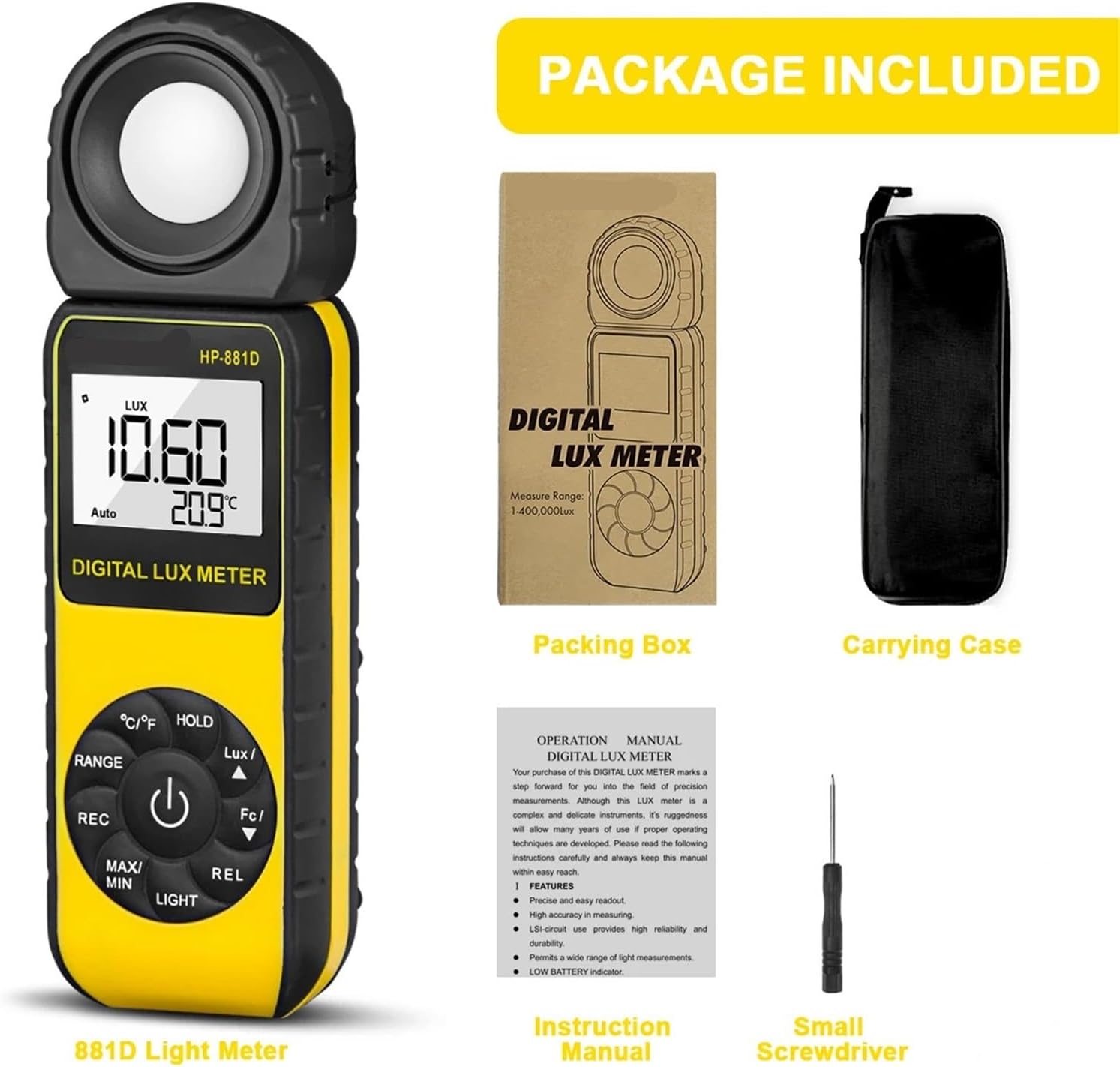 Light Meter, HP-881D Light Meter 400,000 LUX Digital Luxmeter Luminance Lux Fc Test Max Min Handheld Type Illuminometers Photometer,Light Meter Photography