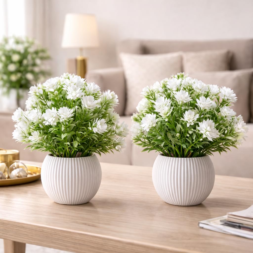 Artificial Flower Plants with White Pot, Set of 2, White Blossoms with Green Leaves, Tabletop Decor for Home and Office-image-34