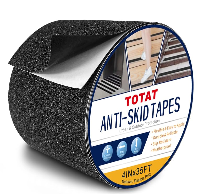 Image of Black Anti-Slip Stair Treads Tape,4 inch x35FT Heavy Duty PVC Non-Skid Grip Tape for Wooden Steps, Indoor /Outdoor Stairs, Pool Decks - Peel & Stick Waterproof Safety Traction