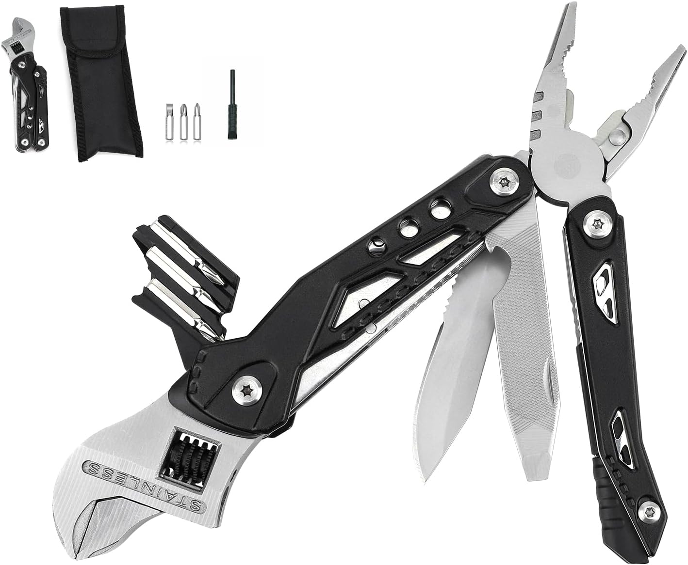 14-in-1 Adjustable Wrench Multitool EDC, Compact Multi Tool with Pliers, Knife, Saw, Screwdrivers, 30Cr13 Stainless Steel Tool for Home Repair, DIY, Camping, Hiking, and Outdoor Use