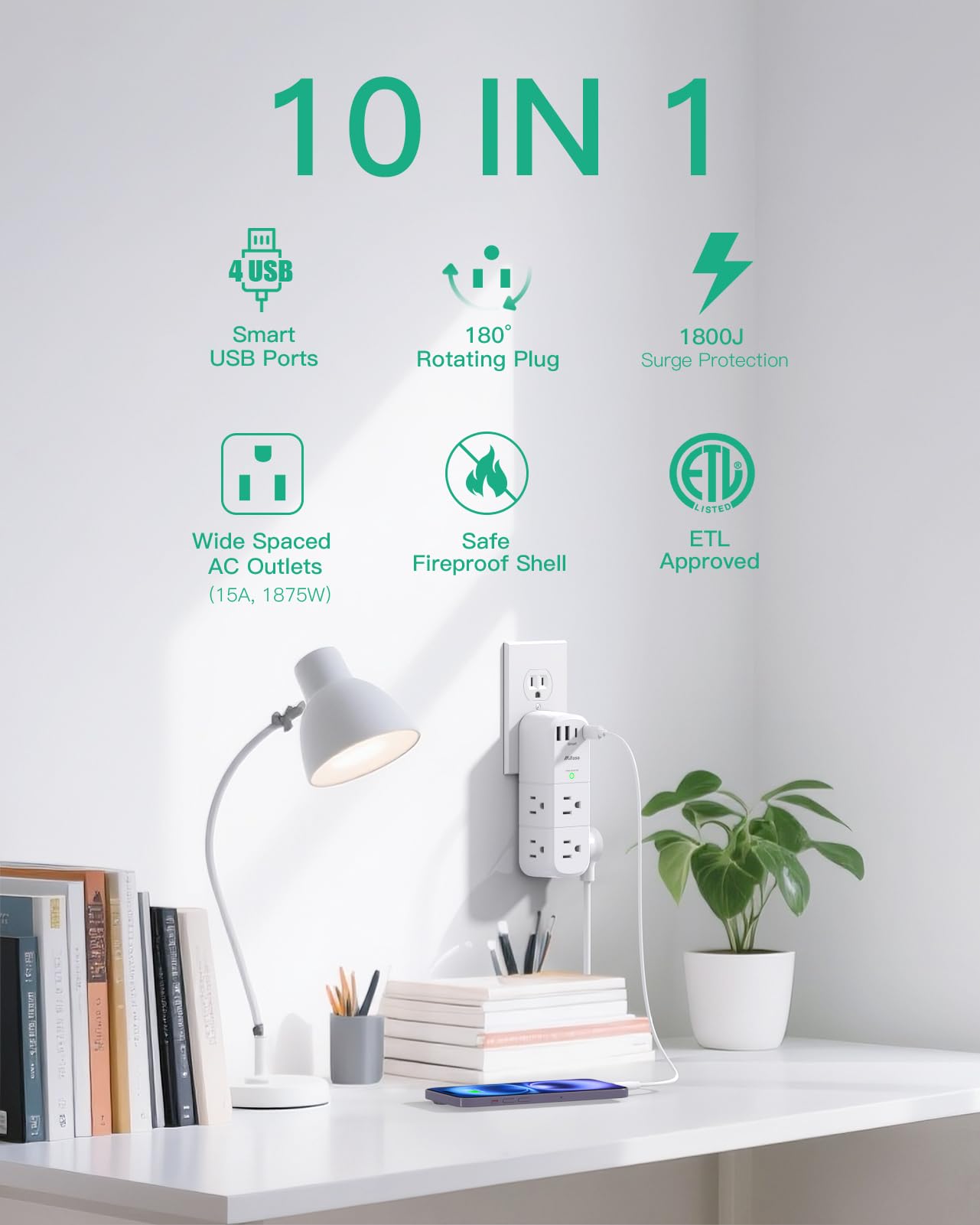 Surge Protector Outlet Extender with Rotating Plug 6 AC Multi Plug Wall Outlets and 4 USB Ports 1800 — view 7