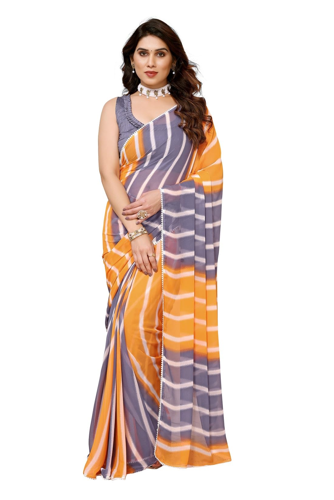 rajeshwar fashion with rf Women's Georgette Leheriya Striped Printed Sarees For Women With Lace Border & Solid Blouse Piece-picture-31