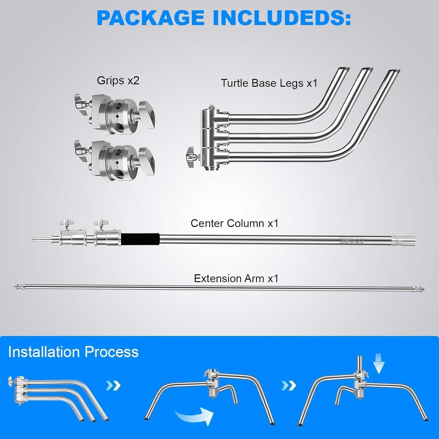 C Stand Stainless Steel 330cm Max' height with 4ft Holding Arm and 2 pieces Grip Head for Video Reflector Monolight and Photography… (1 Pack with Sandbag 4 Clamps and Carrying Bag)