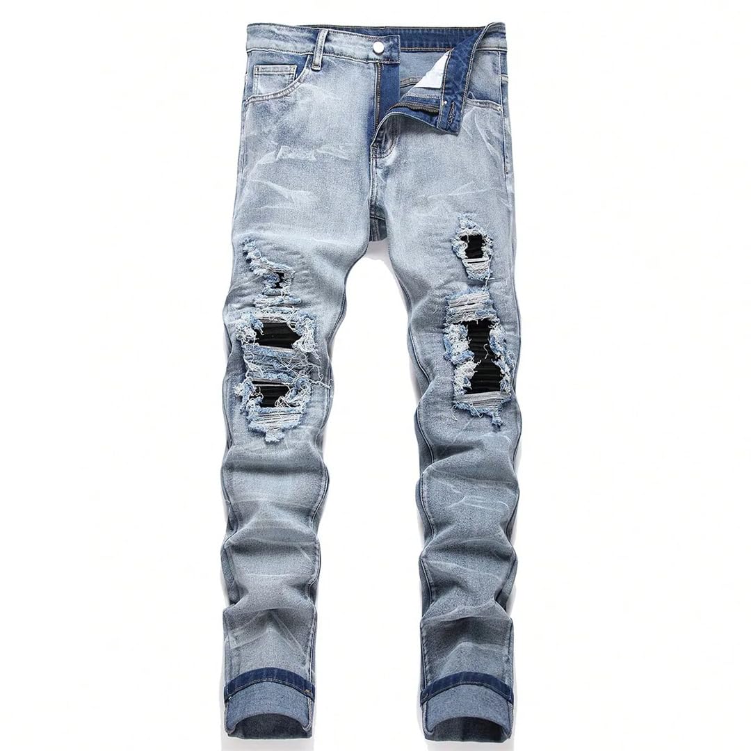 Men Stretchy Denim Jeans Streetwear Tearing Patchwork Holes Ripped Denim Elastic Waist Pants Straight Trousers