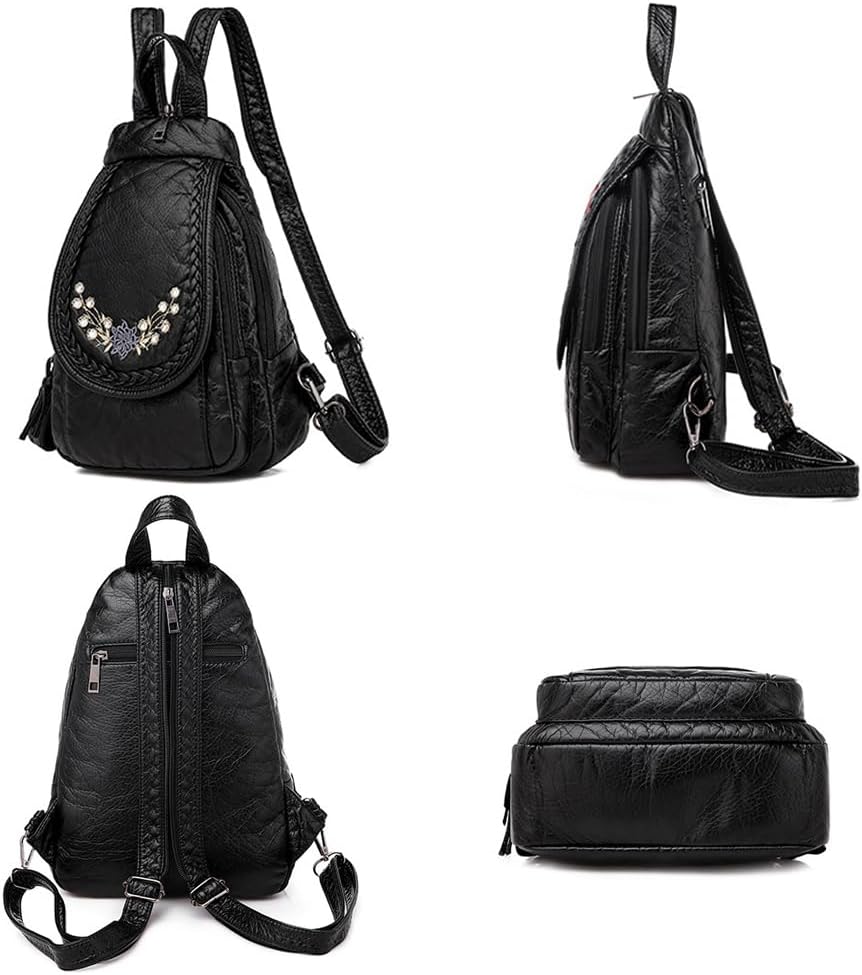 Vintage Embroidered Women Backpacks Soft PU Leather Backpack Purse Small Female Travel Bag Black Chest Packs (Rhinestones) - Image 4